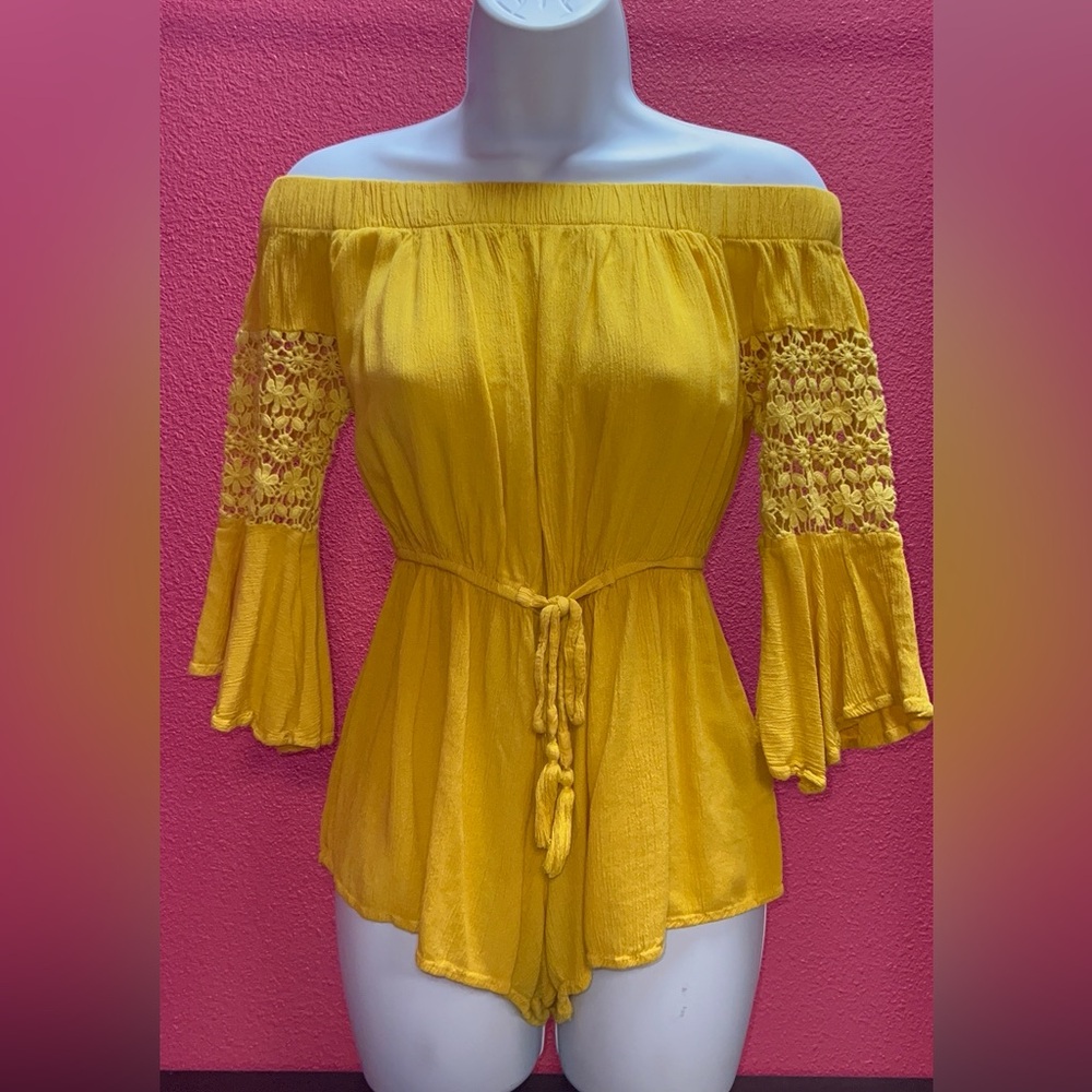 Lush Yellow Off-Shoulder Lace Romper